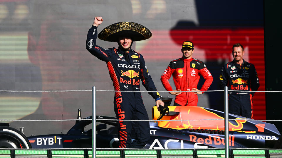MEXICO CITY, MEXICO - OCTOBER 29: Race winner Max Verstappen of the Netherlands and Oracle Red Bull Racing celebrates on the podium after the F1 Grand Prix of Mexico at Autodromo Hermanos Rodriguez on October 29, 2023 in Mexico City, Mexico. (Photo by Clive Mason - Formula 1/Formula 1 via Getty Images)