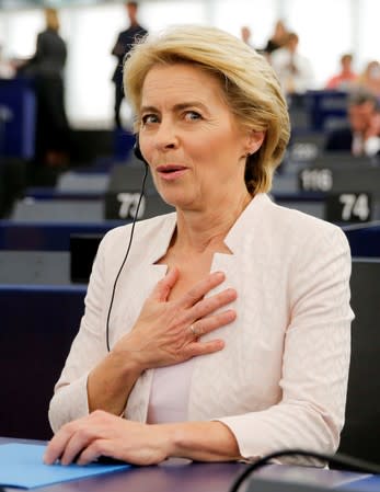 Elected European Commission President Ursula von der Leyen reacts after a vote on her election at the European Parliament in Strasbourg