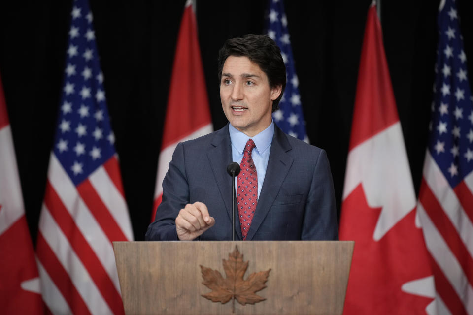 Canadian Prime Minister Justin Trudeau speaks during a news conference with President Joe Biden, Friday, March 24, 2023, in Ottawa, Canada. (AP Photo/Andrew Harnik)