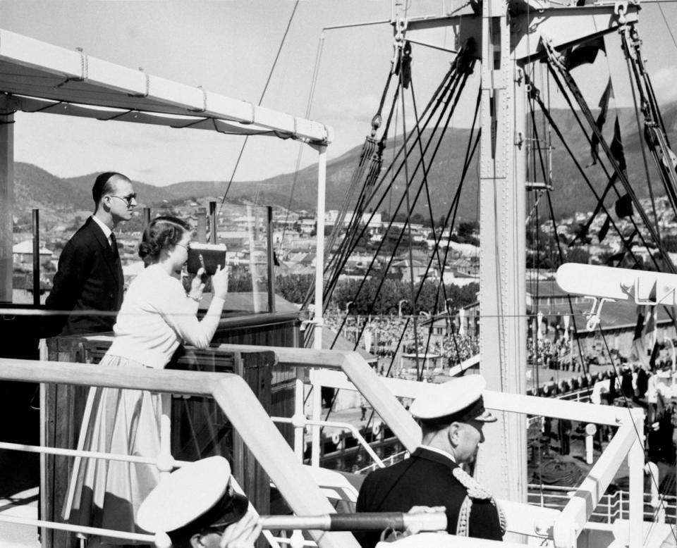 1954: The Royal couple at Prince's Pier in Hobart, Tasmania (PA)