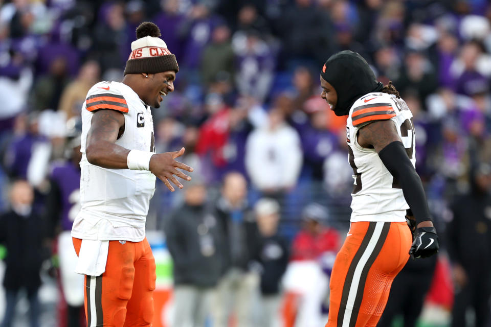 Deshaun Watson finally played at a level to match Martin Emerson Jr. (right) and the Browns' defense. (Photo by Scott Taetsch/Getty Images)