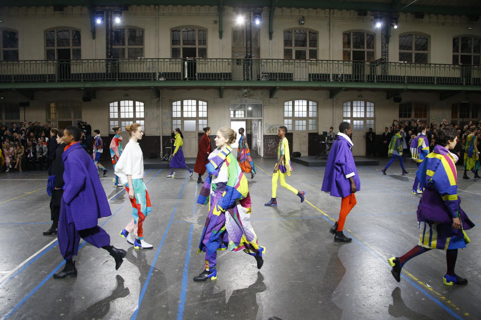 Models wear creations as part of the Issey Miyake ready to wear Fall-Winter 2019-2020 collection, that was presented in Paris, Friday, March 1, 2019. (AP Photo/Michel Euler)