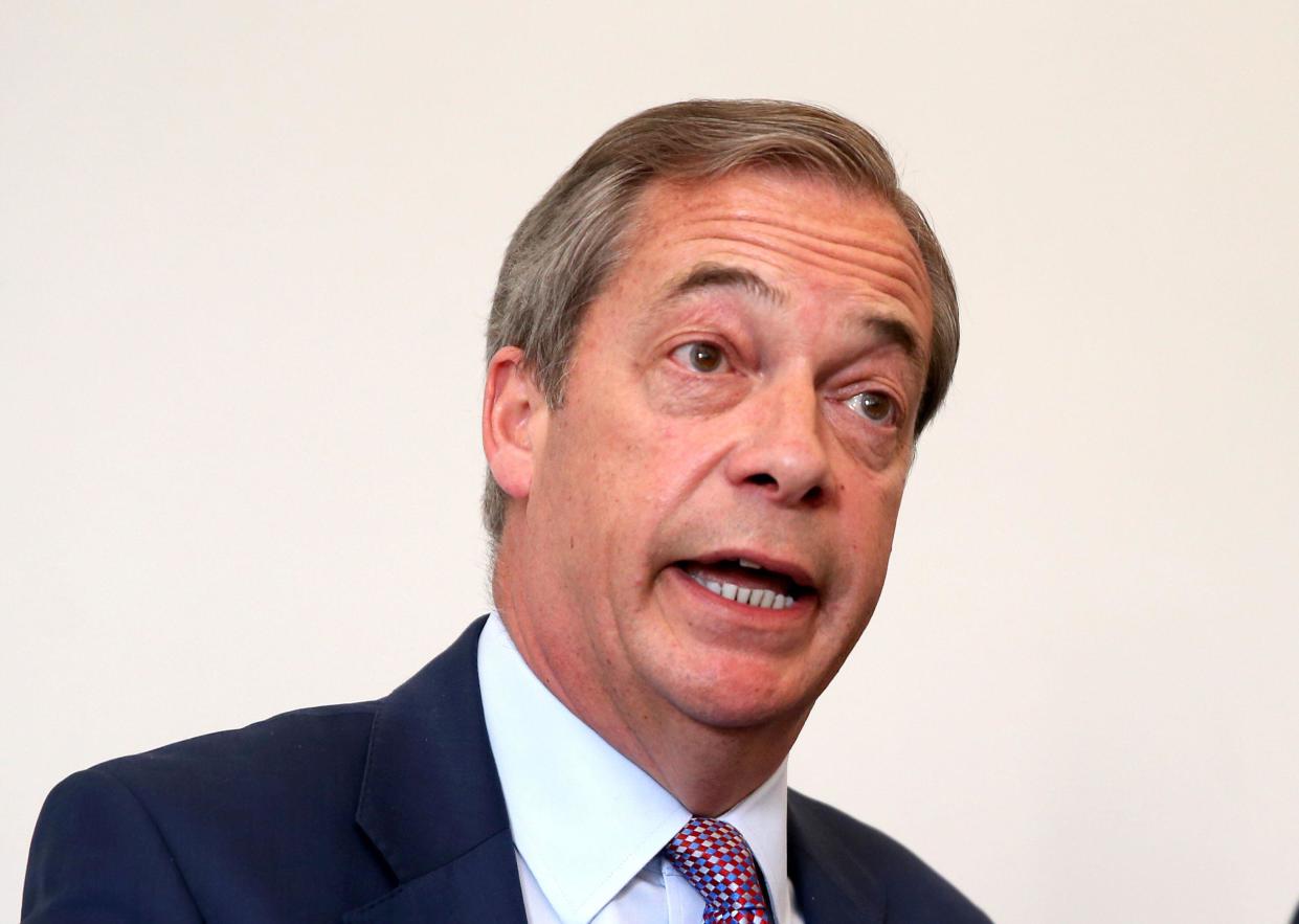 Brexit Party leader Nigel Farage holds a press conference at the Foreign Press Association in London. (Photo by Fred Duval / SOPA Images/Sipa USA)