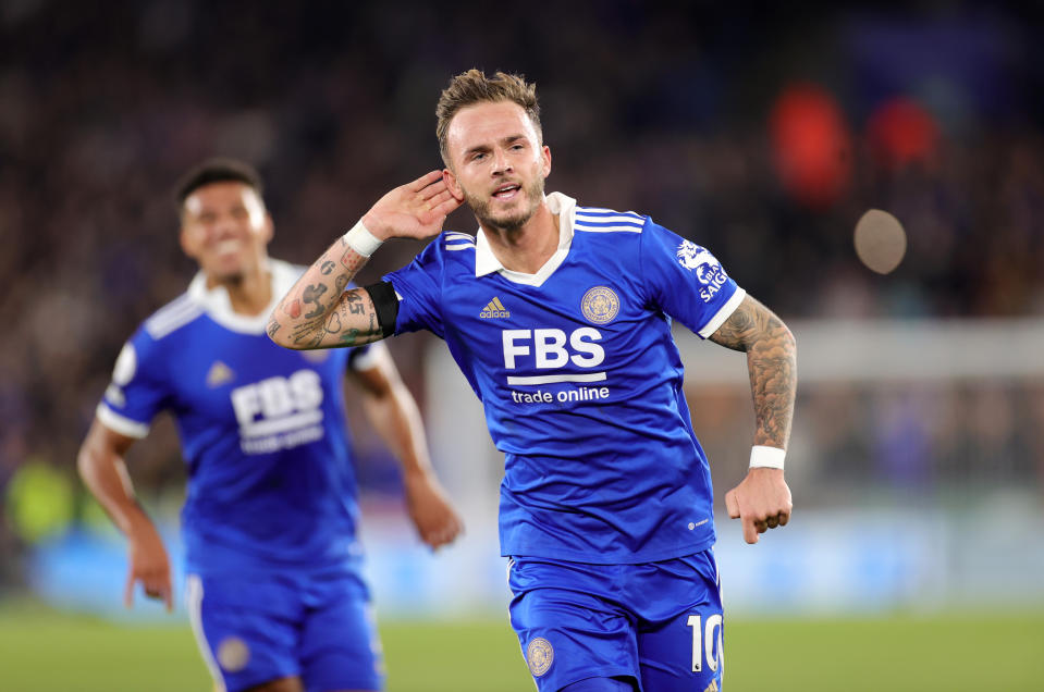 LEICESTER, ENGLAND - OCTOBER 03: James Maddison of Leicester City celebrates after scoring to make it 3-0 during the Premier League match between Leicester City and Nottingham Forest at King Power Stadium on October 3, 2022 in Leicester, United Kingdom. (Photo by Plumb Images/Leicester City FC via Getty Images)