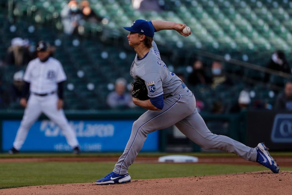 Kansas City Royals starting pitcher Brady Singer (51) delivers a pitch against Detroit Tigers during first inning at Comerica Park in Detroit on Tuesday, May 11, 2021.