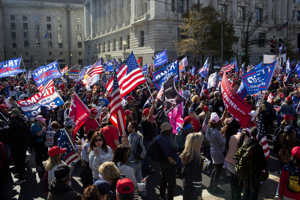 WASHINGTON, D.C. - NOVEMBER 14: Tens of thousands of Trump supporters rally and march to declare the 2020 Presidential election results a fraud and the true winner to be President Trump, on November 14, 2020 in downtown Washington, D.C.  (Photo by Andrew Lichtenstein/Corbis via Getty Images)