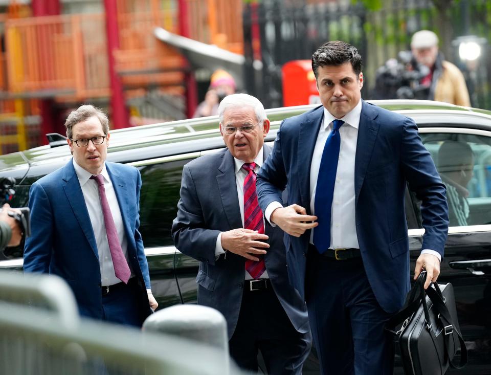 United States Senator, Bob Menendez (center), arrives at Daniel Patrick Moynihan U.S. Courthouse where he will be on trial for bribery and corruption charges. The jury selection for the trial is expected to start today, Monday, May 13, 2024.