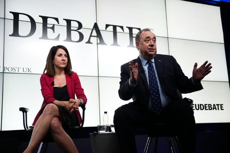 This handout picture released by the Daily Telegraph shows Scottish National Party MP Alex Salmond (R) taking part in a debate on the EU referendum in London on June 14, 2016