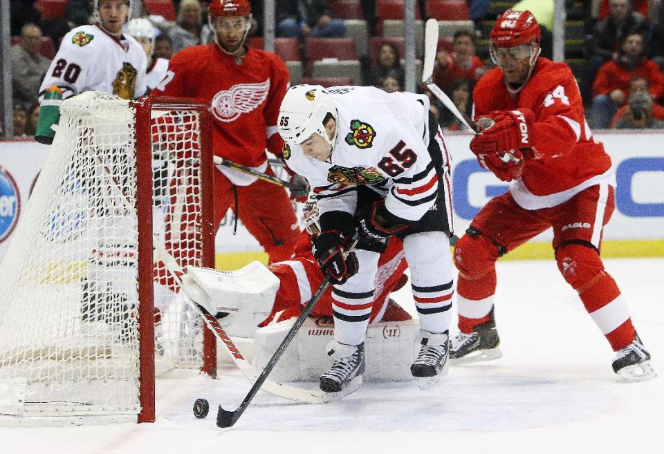 Chicago Blackhawks center Andrew Shaw (65) scores a goal against Detroit Red Wings goalie Jonas Gustavsson, of Sweden, in the first period of an NHL hockey game Wednesday, Jan. 22, 2014, in Detroit. (AP Photo/Paul Sancya)