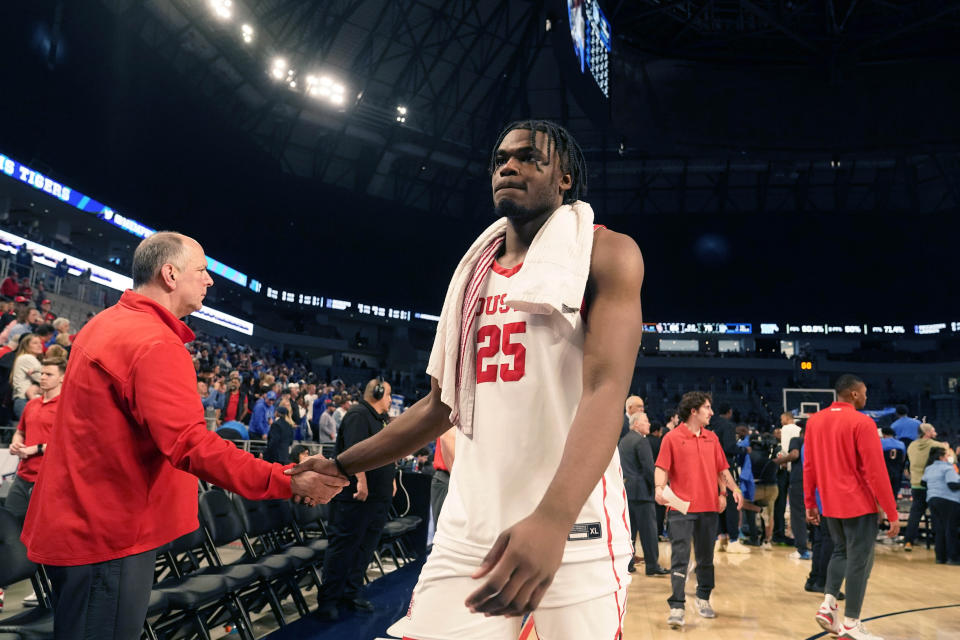 Houston forward Jarace Walker (25) walks off the court after a loss to Memphis in the finals of the American Athletic Conference Tournament, Sunday, March 12, 2023, in Fort Worth, Texas. (AP Photo/LM Otero)