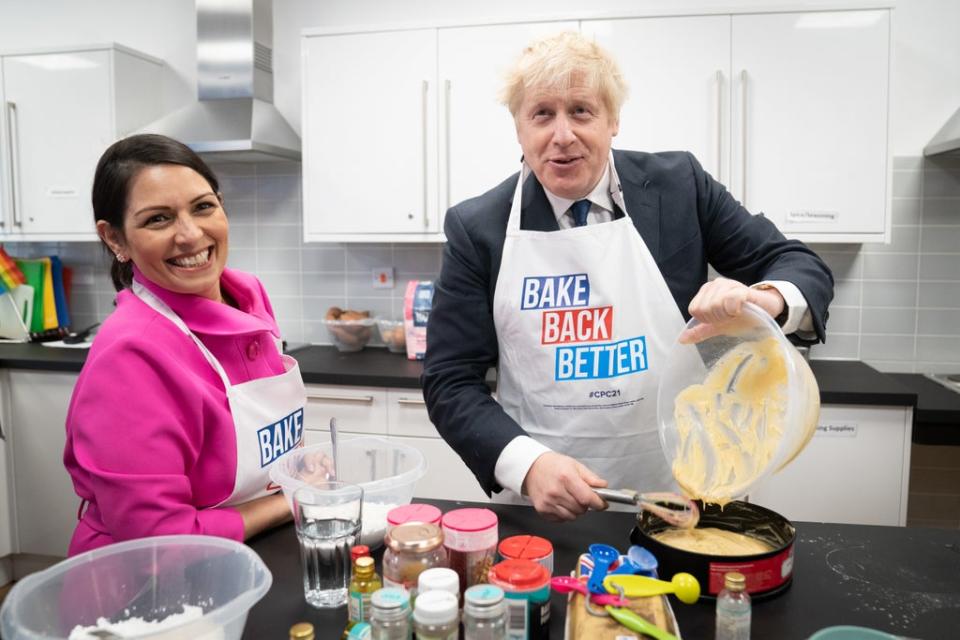 Home Secretary Priti Patel and Prime Minister Boris Johnson visited HideOut Youth Zone in Manchester (Stefan Rousseau/PA) (PA Wire)