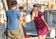 <p>Pom Klementieff strikes a pose as <i>Mission: Impossible</i> costar Simon Pegg snaps a photo in Venice on Monday. </p>