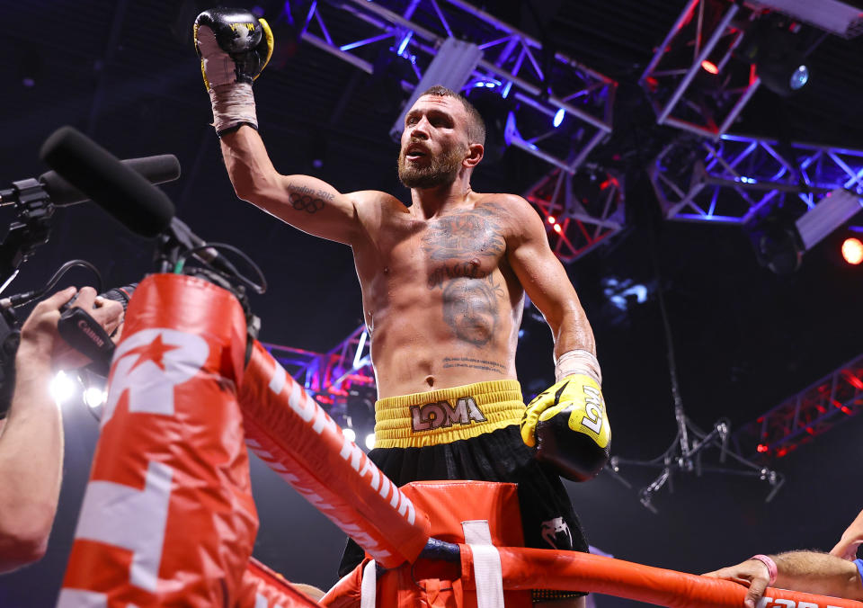 LAS VEGAS, NEVADA - JUNE 26: Vasiliy Lomachenko is victorious as he defeats Masayoshi Nakatani at Virgin Hotels Las Vegas on June 26, 2021 in Las Vegas, Nevada. (Photo by Mikey Williams/Top Rank Inc via Getty Images)