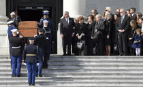 <p>The family of Rev. Billy Graham watches as the casket of Rev. Billy Graham is carried up the steps of the U.S. Capitol in Washington, Wednesday, Feb. 28, 2018, where it will lie in honor in the Rotunda. (Photo: Susan Walsh, Pool/AP) </p>