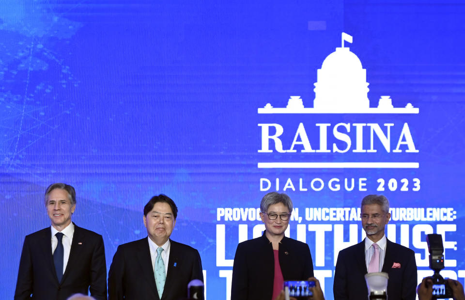 From left, U.S. Secretary of State Antony Blinken, Japanese Foreign Minister Yoshimasa Hayashi, Australian Foreign Minister Penny Wong and Indian Foreign Minister Subrahmanyam Jaishankar attend a Quad ministers' panel at the Taj Palace Hotel in New Delhi Friday, March 3, 2023. (Olivier Douliery/Pool Photo via AP)