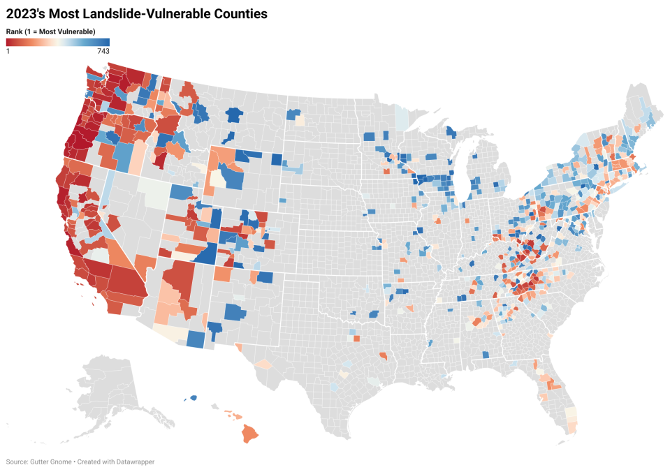 A US map showing 2023's Most Landslide-Vulnerable Counties