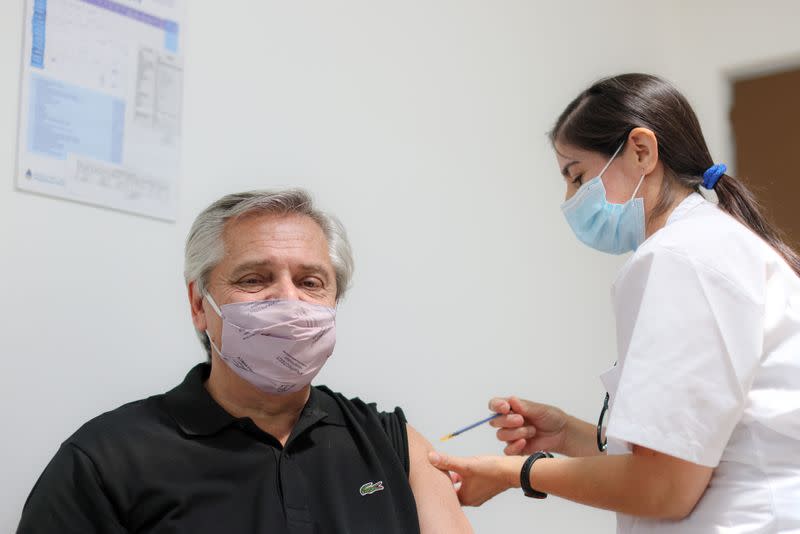 Argentina's President Alberto Fernandez receives a dose of Russia's Sputnik V vaccine during the coronavirus disease (COVID-19) pandemic, in Buenos Aires