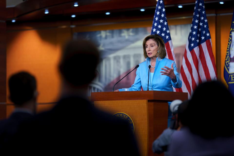 Speaker of the House Nancy Pelosi, D-Calif., meets with reporters at the Capitol in Washington, Friday, Aug. 6, 2021. (AP Photo/J. Scott Applewhite) ORG XMIT: DCSA112