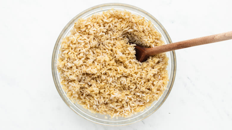 Rice and quinoa in mixing bowl