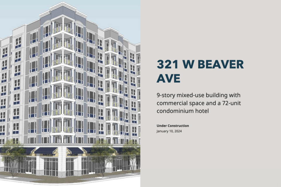 Plans for a nine story mixed-use building with commercial space and a 72-unit condominium hotel at 321 W. Beaver Avenue, State College have been submitted to the State College borough. Screenshot/State College Borough