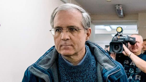 PHOTO: Paul Whelan, a former US Marine accused of espionage and arrested in Russia in December 2018, is escorted for a hearing to decide to extend his detention at the Lefortovo Court in Moscow, on Oct. 24, 2019. (Dimitar Dilkoff/AFP via Getty Images, FILE)