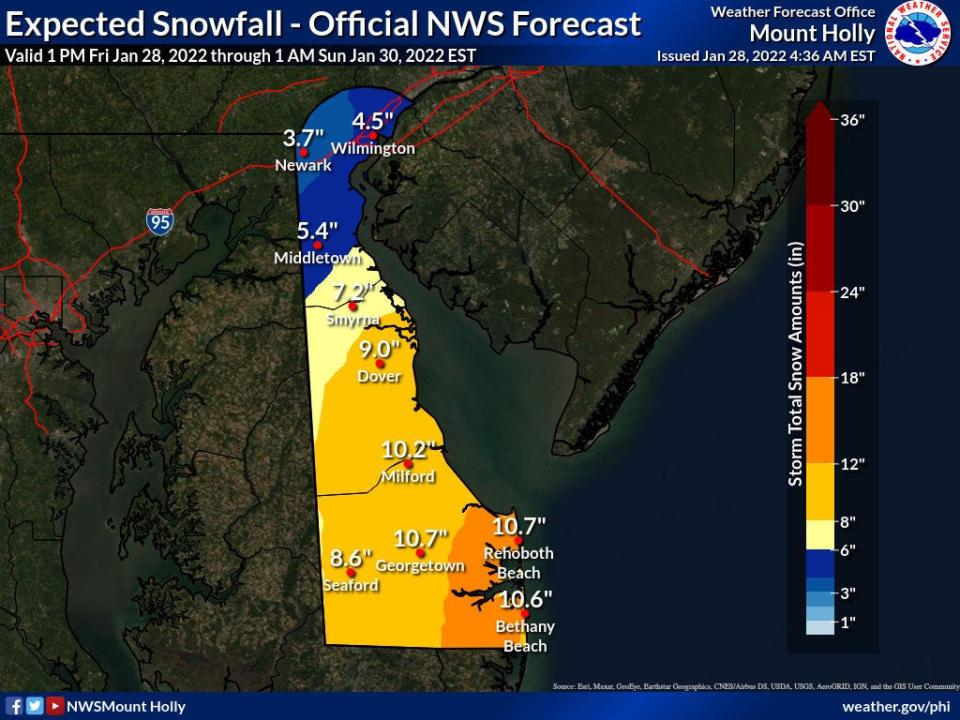 This graphic from the National Weather Service shows expected snowfall in Delaware from 1 p.m. Friday, Jan. 28, through 1 a.m. Sunday, Jan. 30.