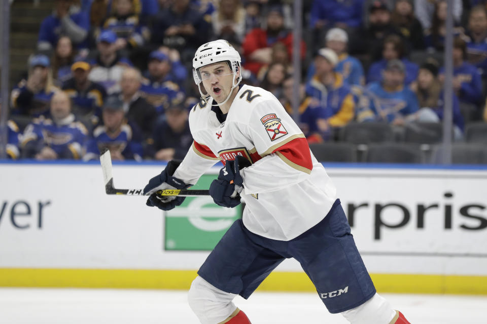 Florida Panthers' Josh Brown skates during the second period of an NHL hockey game against the St. Louis Blues Monday, March 9, 2020, in St. Louis. (AP Photo/Jeff Roberson)