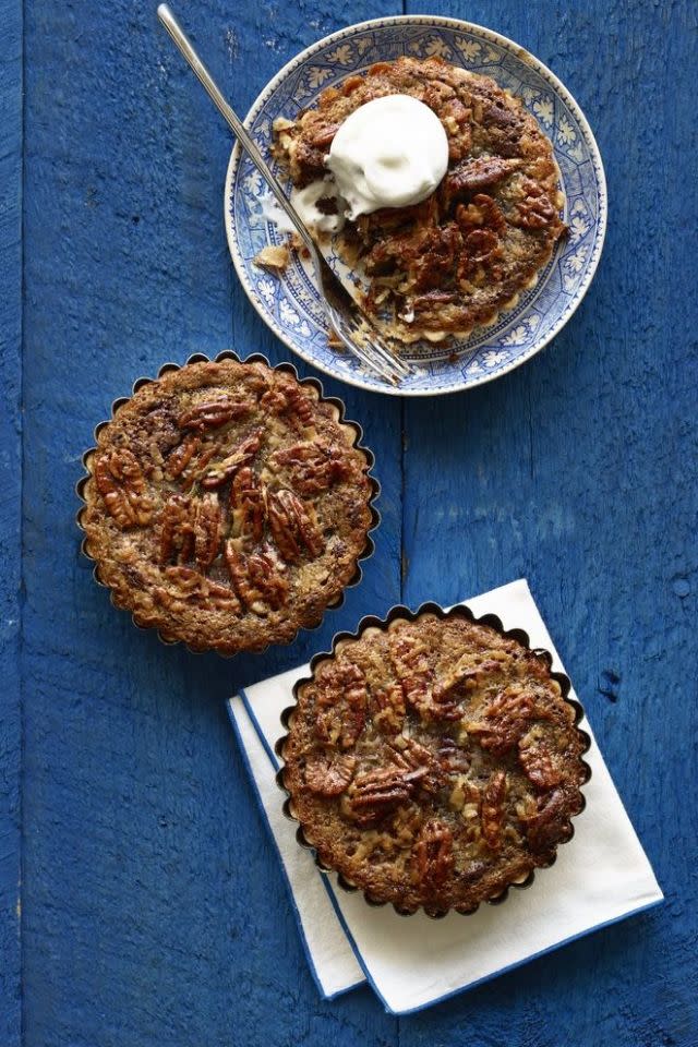 <p><strong>Then: </strong>The classic dish was recommended as best served cold. The 1965 recipe called for 2 cups sugar and 2 cups corn syrup. We kept it simple and let pecans be the stars of the dessert.</p><p><strong>Now: </strong>Eating these tarts warm will bring out the rich chocolate flavor. To keep this treat from being cloyingly sweet, we reduced those ingredients. Because everything's better with chocolate, we incorporated a brownie layer and a sprinkle of coconut.</p><p><a rel="nofollow noopener" href="http://www.womansday.com/food-recipes/food-drinks/recipes/a12940/mini-german-chocolate-brownie-pecan-tarts-recipe-wdy1114/" target="_blank" data-ylk="slk:Get the recipe.;elm:context_link;itc:0;sec:content-canvas" class="link "><strong>Get the recipe.</strong></a> </p>