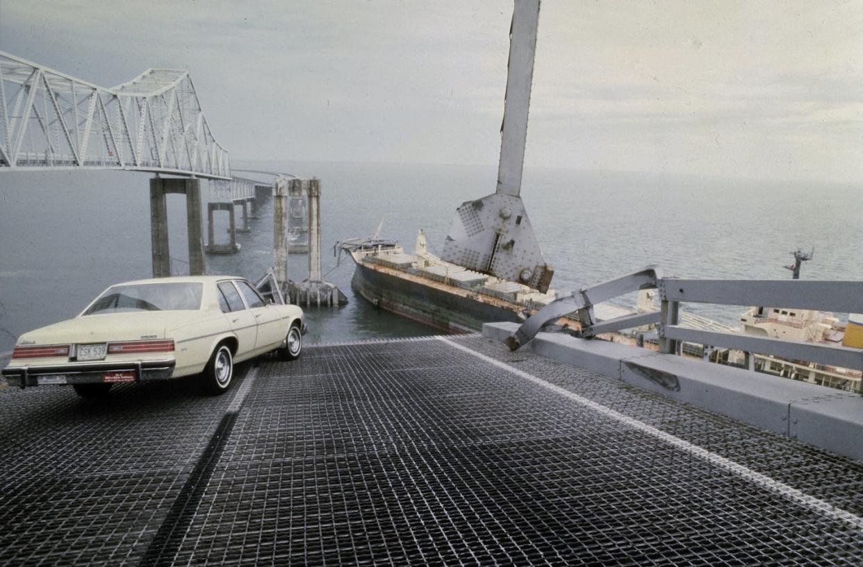 A cargo ship hit the Sunshine Skyway Bridge over Florida's Tampa Bay in 1980, collapsing one span and killing 35 people. <a href="https://newsroom.ap.org/detail/BridgeCollapses-List/8ccc0211108542268f8c2a39403265d7/photo" rel="nofollow noopener" target="_blank" data-ylk="slk:AP Photo/Jackie Green;elm:context_link;itc:0;sec:content-canvas" class="link ">AP Photo/Jackie Green</a>