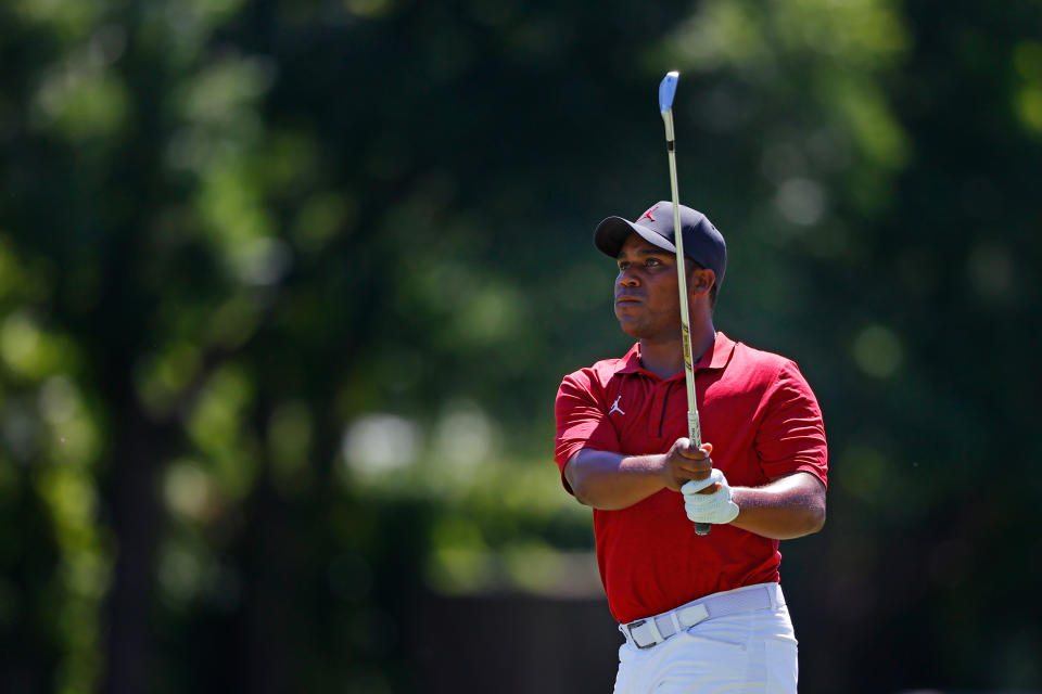 FORT WORTH, TEXAS - JUNE 11: Harold Varner III shot an opening-round 63 on Thursday to make him the co-leader after Round 1 of the Charles Schwab Challenge at Colonial Country Club in Fort Worth, Texas. (Photo by Ronald Martinez/Getty Images)