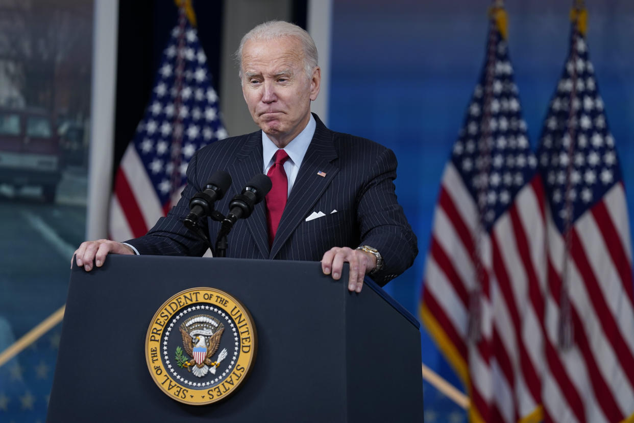 President Joe Biden delivers remarks on the economy in the South Court Auditorium on the White House campus, Tuesday, Nov. 23, 2021, in Washington. (AP Photo/Evan Vucci)