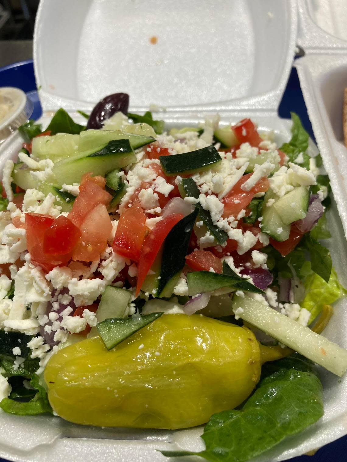 A Greek salad to go from Olympia Gyros at 670 Lake Joy Road, Suite 150, in Warner Robins.