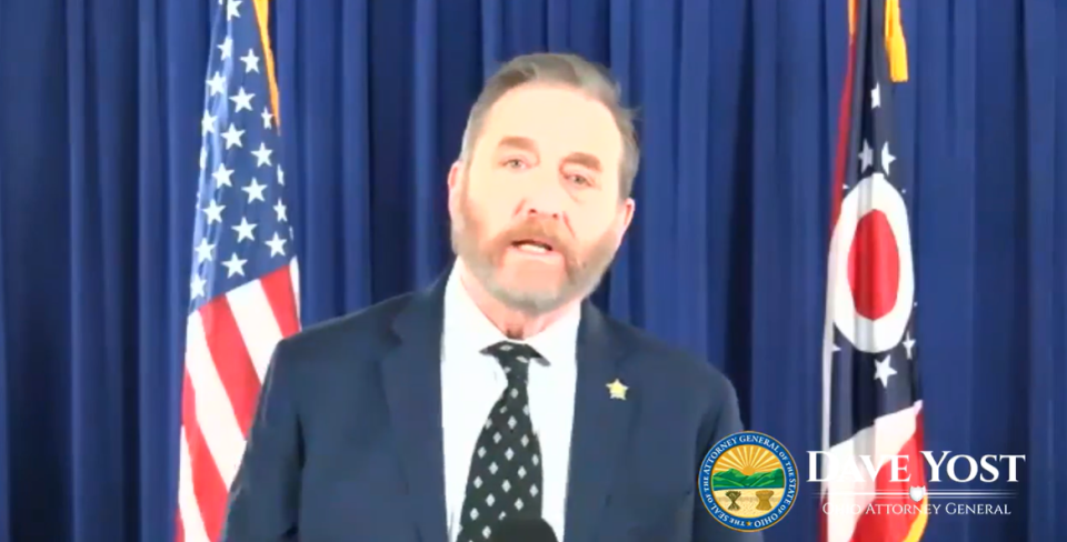 Ohio Attorney General Dave Yost speaks about the grand jury decision not to charge the eight police officers involved in the killing of Jayland Walker in this screenshot from a virtual press conference Monday, April 17, 2023.