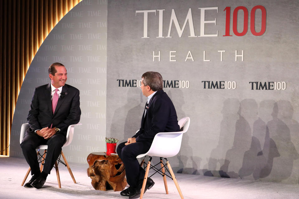United States Secretary of Health and Human Services, Alex Azar (L), speaks with Editor-in-Chief & CEO at TIME, Edward Felsenthal, onstage during the TIME 100 Health Summit at Pier 17 on October 17, 2019 in New York City. | Brian Ach—Getty Images for TIME 100 Health