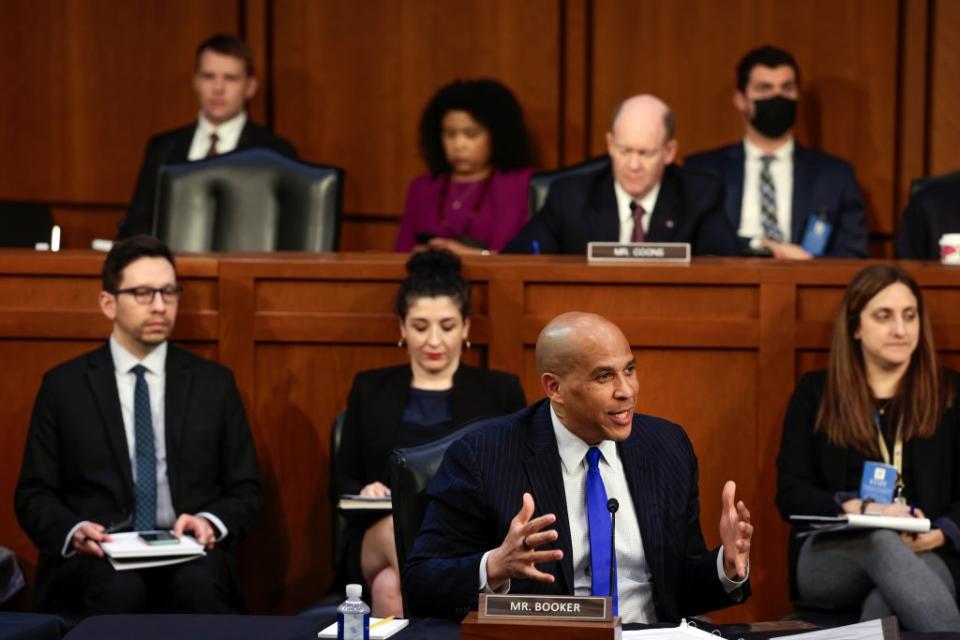 Sen. Cory Booker (D-NJ) delivers remarks during the Senate Judiciary Committee confirmation hearing for U.S. Supreme Court nominee Judge Ketanji Brown Jackson, in the Hart Senate Office Building on Capitol Hill March 21, 2022 in Washington, DC. (Photo by Anna Moneymaker/Getty Images)