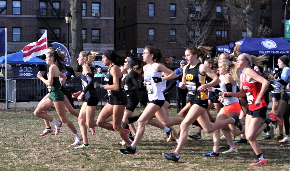 Cornwall's Karrie Baloga (in lead in green) and Ursuline's Daphne Banino (center in white in lead pack) run soon after the start of the Eastbay Cross-Country Northeast Regional qualifier in Van Cortlandt Park in the Bronx. Baloga, Banino and Hastings resident Myles Hogan of Fordham Prep all finished top-10 in their races to qualify to compete at Foot Locker Cross-Country Nationals in San Diego, California, in December.