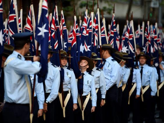 Royal Australian Air Force cadets take part in the Anzac Day march in Sydney (EPA)