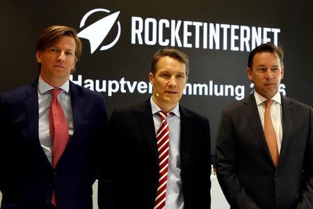 Alexander Kudlich, Board Member and Group Managing Director of Rocket Internet SE, Oliver Samwer, CEO of Rocket Internet and Peter Kimpel, CFO of Rocket Internet (L-R) attend the Annual General Meeting of Rocket Internet SE in Berlin, Germany, June 9, 2016. REUTERS/Axel Schmidt/File Photo