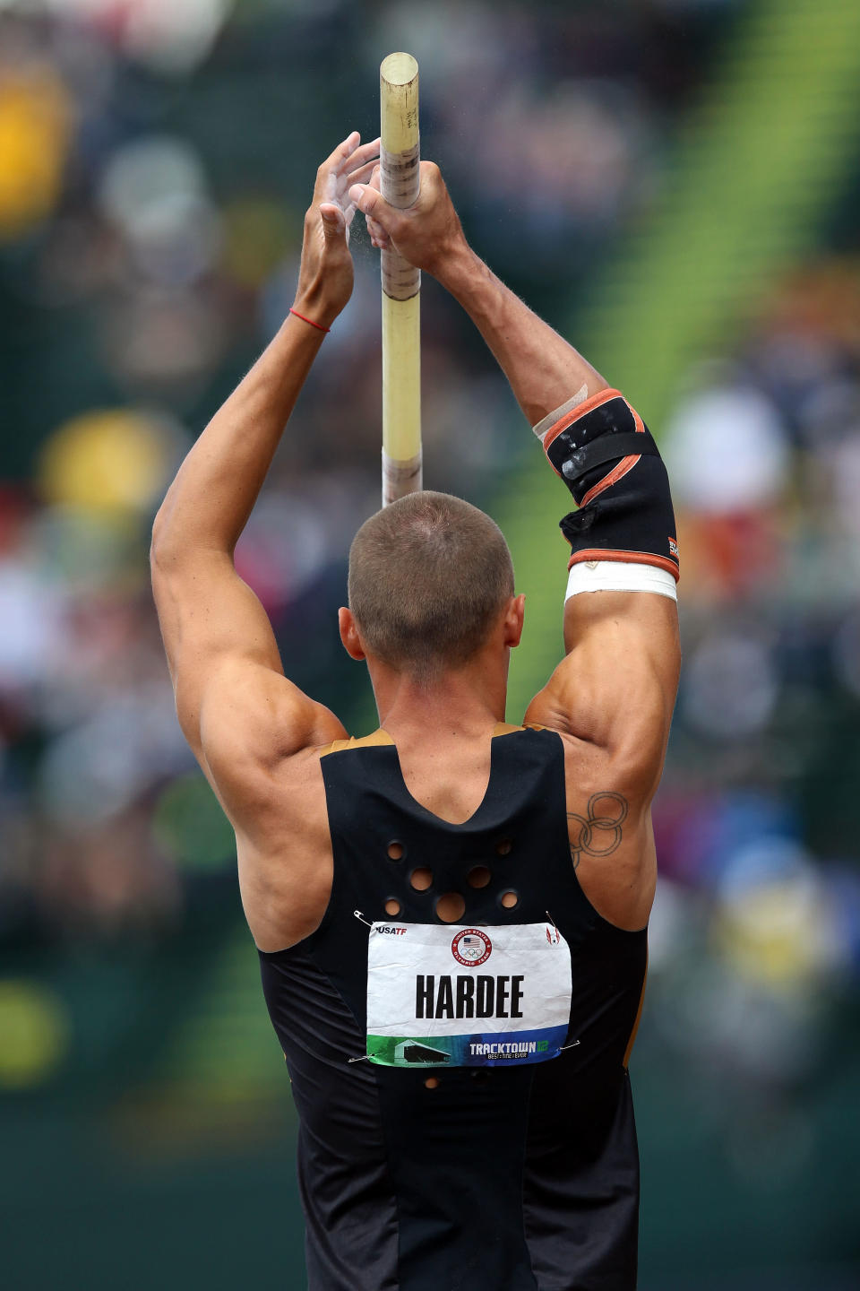 Trey Hardee competes in the men's decathlon pole vault during Day Two of the 2012 U.S. Olympic Track & Field Team Trials at Hayward Field on June 23, 2012 in Eugene, Oregon. (Photo by Christian Petersen/Getty Images)