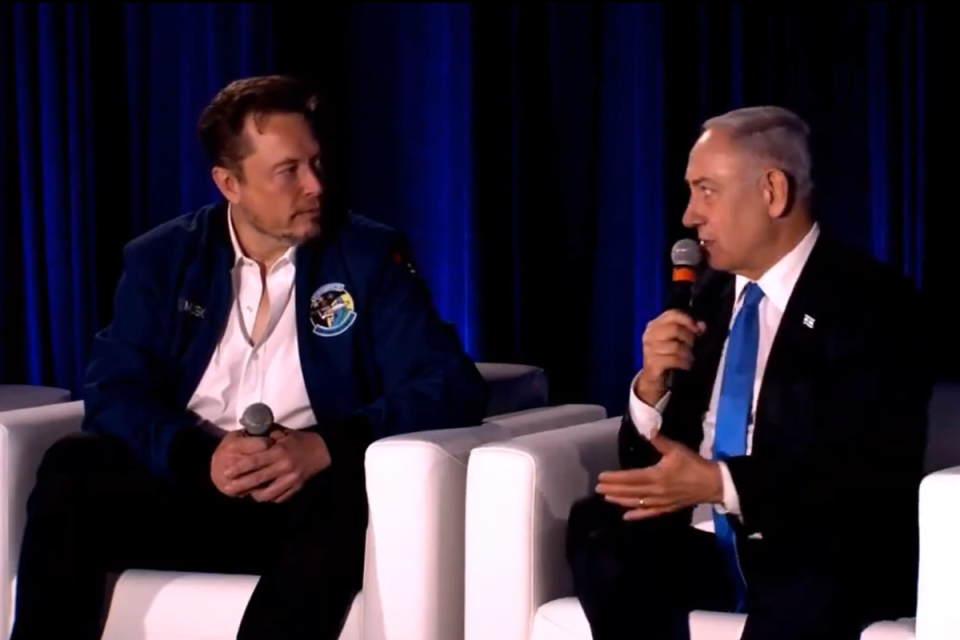 Elon Musk and Benjamin Netanyahu speaking during a discussion broadcast on X in September (X)