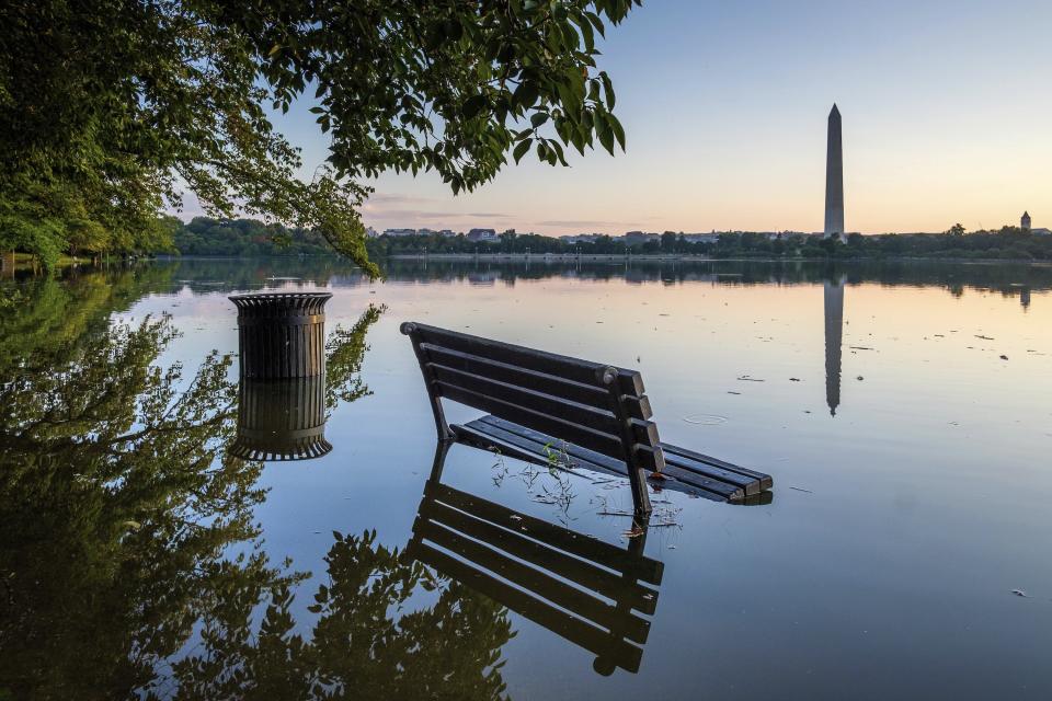 <p>Eine Sitzbank für Spaziergänger im US-Bundesstaat Washington ist umringt von Wasser. Auch in den USA sorgen heftige Regenfälle vielerorts für Überschwemmungen. (Bild: AP Photo/J. David Ake) </p>