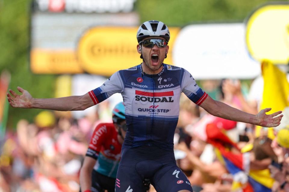 Soudal QuickSteps Danish rider Kasper Asgreen cycles to the finish line to win the 18th stage of the 110th edition of the Tour de France cycling race 184 km between Moutiers and BourgenBresse in the French Alps on July 20 2023 Photo by Thomas SAMSON  AFP Photo by THOMAS SAMSONAFP via Getty Images