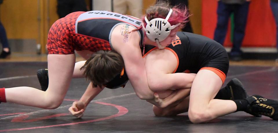 Sierra Chiesa competes against Corry's Wyatt Swan during the District 10 Class 2A Section 1 championships Feb. 16.