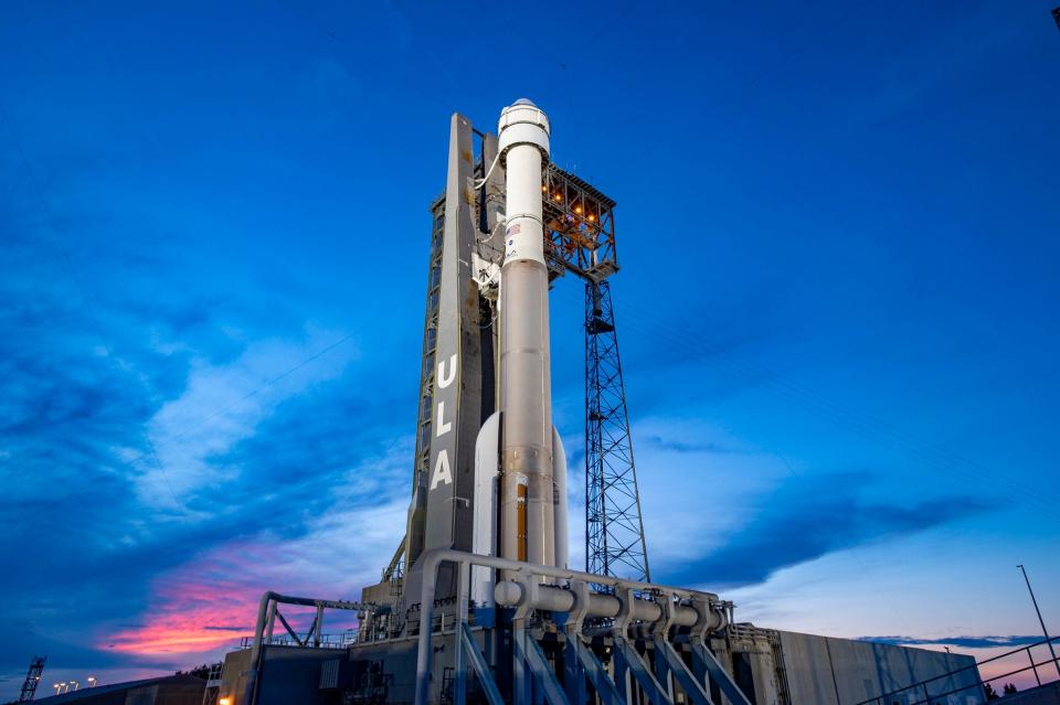 The United Launch Alliance (ULA) Atlas V rocket and Boeing's Starliner sit on Space Launch Complex 41 (SLC-41) at Cape Canaveral at sunset for the OFT-2 mission for NASA's Commercial Crew Program.