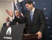 House Speaker Paul Ryan of Wis., joined by, from left, House Majority Whip Steve Scalise of La., and House Majority Leader Kevin McCarthy of Calif., meets with reporters on Capitol Hill in Washington, Tuesday, Jan. 24, 2017, as he announced that he has invited President Donald Trump to address a Joint Session of Congress on Feb. 28. (AP Photo/J. Scott Applewhite)