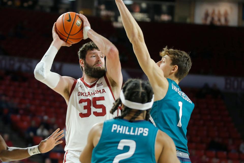 OU's Tanner Groves passes the ball beside UNC Wilmington's Eric Van Der Heijden (1) on Nov. 15 in Norman.