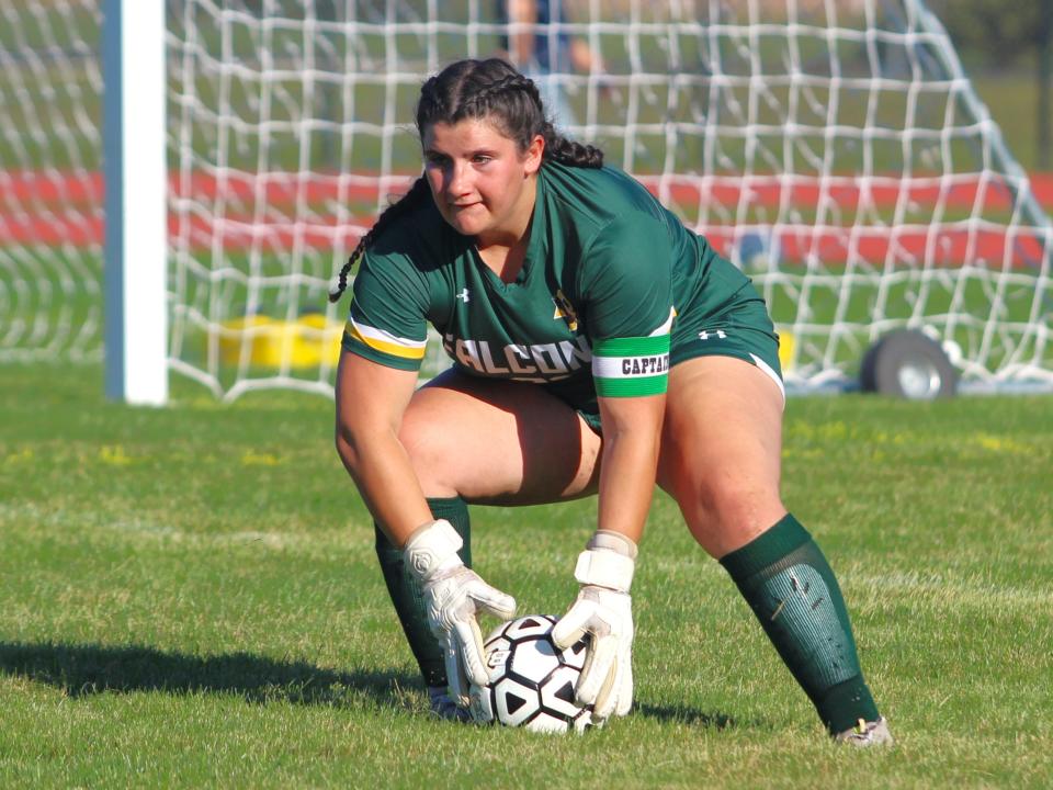 Dighton-Rehoboth goalkeeper Haleigh Kelley scoops the ball out of danger during a South Coast Conference match against Apponequet.