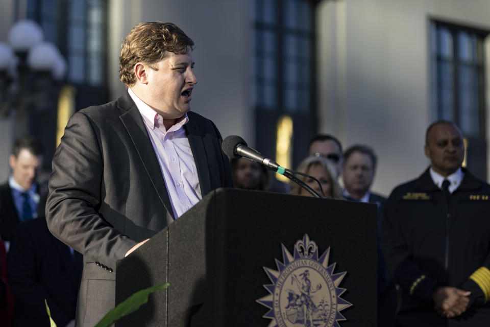 Clay Stauffer, minister at Woodmont Christian Church speaks during a vigil held for victims of The Covenant School shooting on Wednesday, March 29, 2023, in Nashville, Tenn. (AP Photo/Wade Payne)