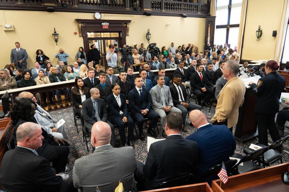 The newest group of recruits are sworn-in to join the Paterson Police Department in Paterson, NJ on Monday April 24, 2023. The 29 recruits will enter the Police Academy on April 27.