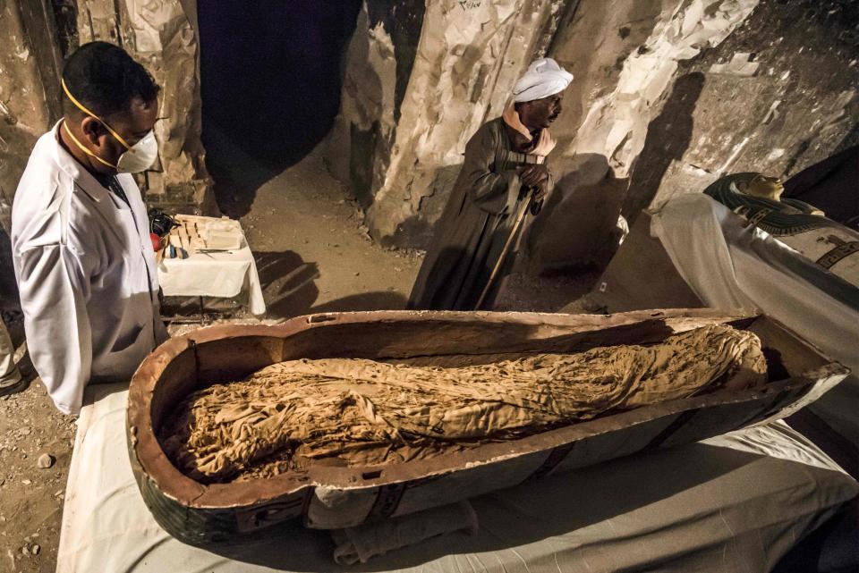 The sarcophagus discovered by a French mission at Al-Assasif necropolis on the west bank of the Nile north of the southern Egyptian city of Luxor. (Photo: KHALED DESOUKI via Getty Images)